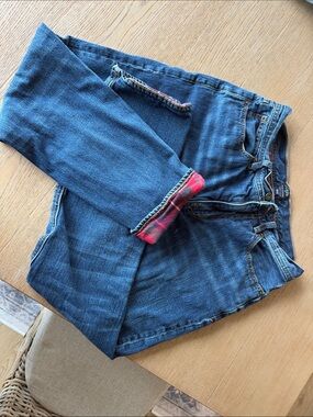 J. Crew Straight Leg Blue Jeans with Pink Plaid Cuff